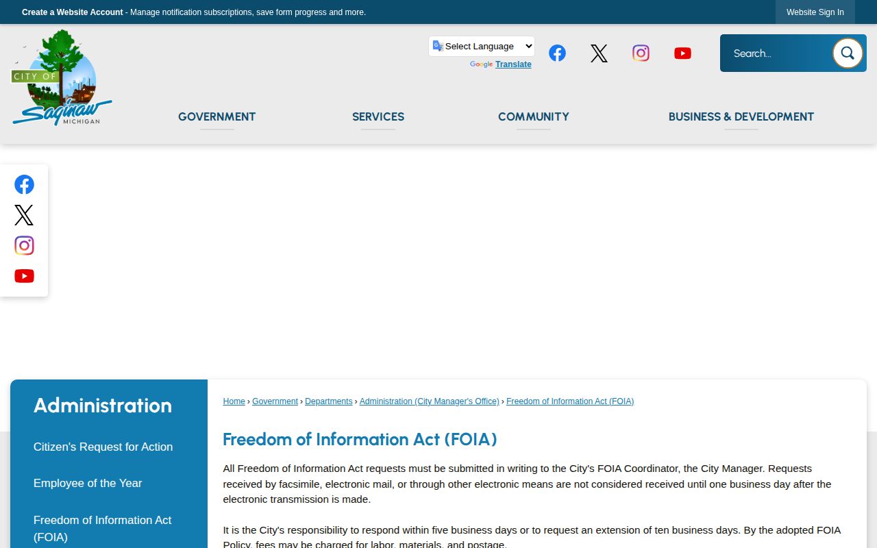 Saginaw city Freedom of Information Act request page