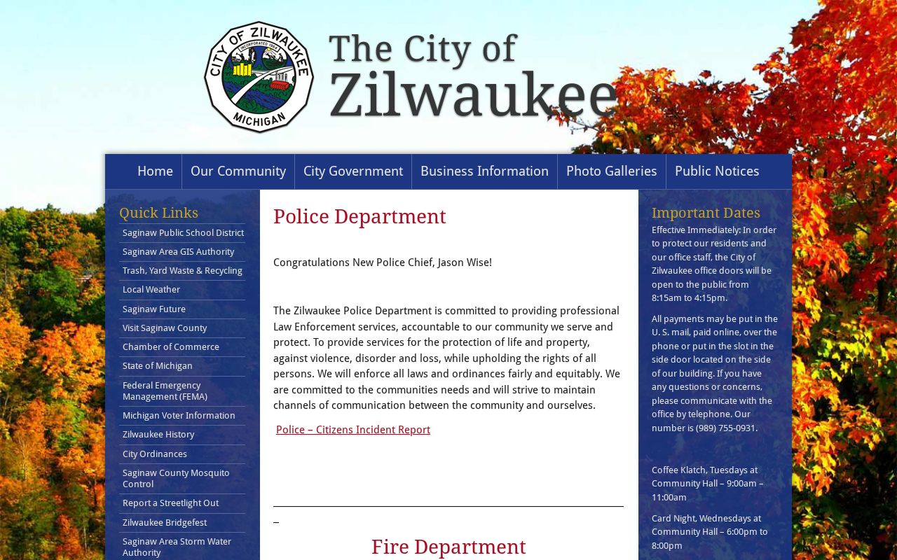 Zilwaukee emergency services and police incident reporting page