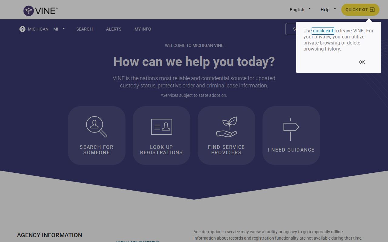 Michigan VINELink custody search screen