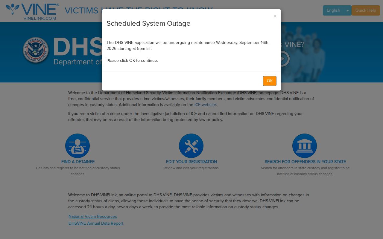 DHS VINE federal immigration custody interface